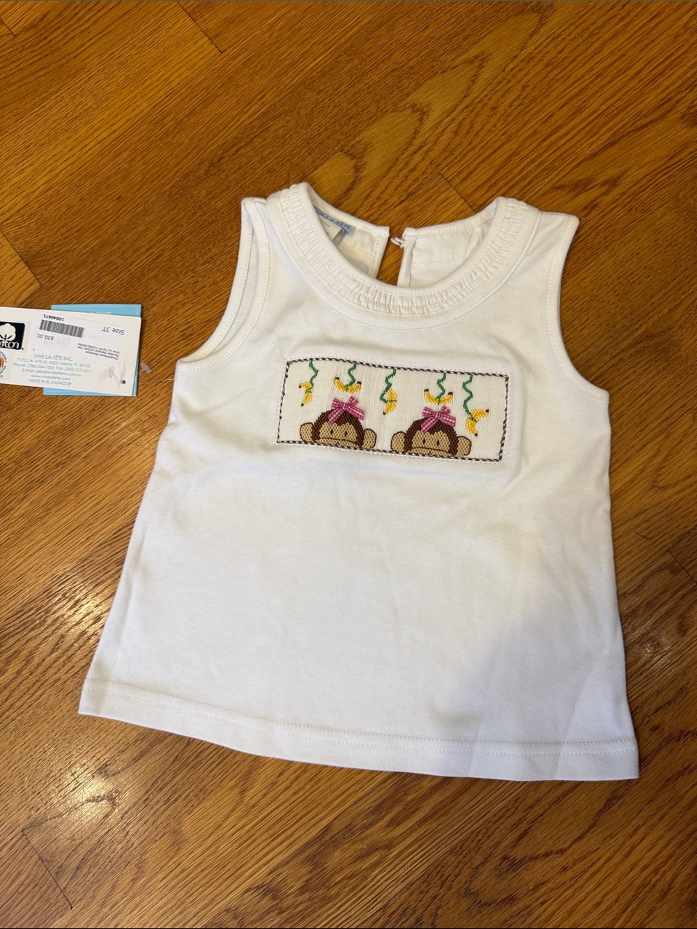 NWT Vive Le Fete Girls 3T White Sleeveless Top with Smocked Monkeys